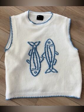ASOS White Sleeveless Sweater Vest with Light Blue Fish Motif